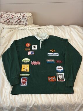 Dark Green Patchwork Rugby Shirt with White Collar